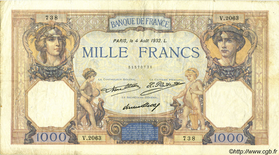 1000 Francs CÉRÈS ET MERCURE FRANCE  1932 F.37.07 VF-