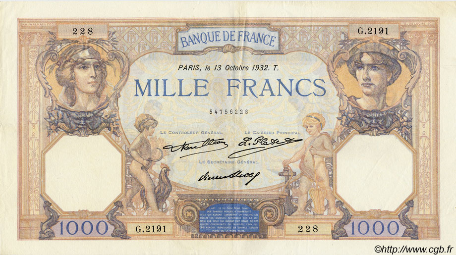 1000 Francs CÉRÈS ET MERCURE FRANCIA  1932 F.37.07 MBC a EBC