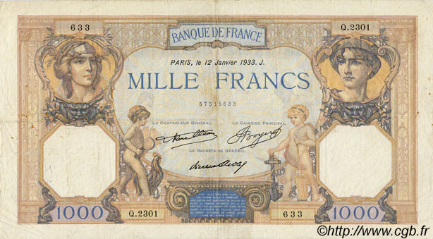 1000 Francs CÉRÈS ET MERCURE FRANCE  1933 F.37.08 F+