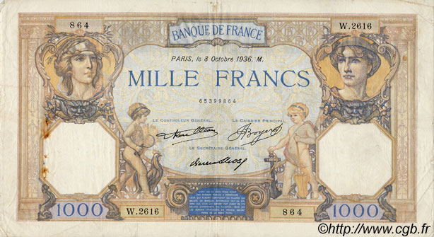 1000 Francs CÉRÈS ET MERCURE FRANKREICH  1936 F.37.09 fSS