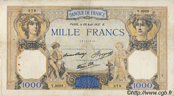 1000 Francs CÉRÈS ET MERCURE type modifié FRANCIA  1937 F.38.03 RC+