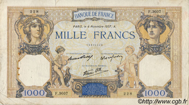 1000 Francs CÉRÈS ET MERCURE type modifié FRANKREICH  1937 F.38.04 S