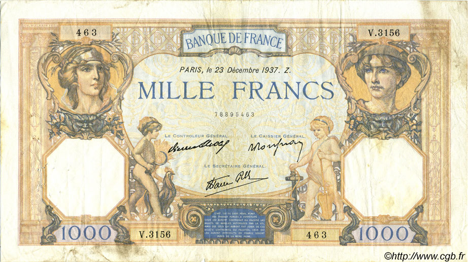 1000 Francs CÉRÈS ET MERCURE type modifié FRANCE  1937 F.38.08 F+