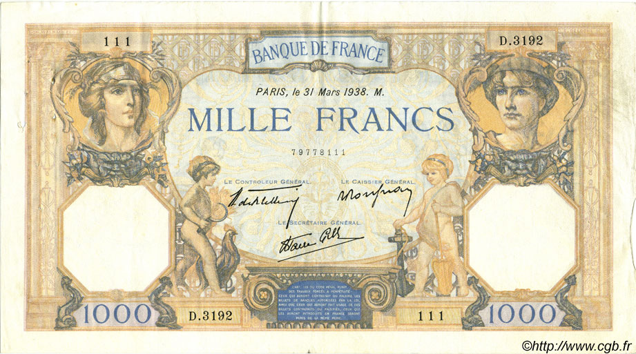 1000 Francs CÉRÈS ET MERCURE type modifié FRANCIA  1938 F.38.10 BB to SPL