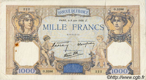 1000 Francs CÉRÈS ET MERCURE type modifié FRANCE  1938 F.38.18 VF