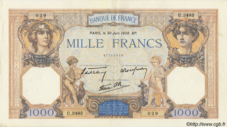 1000 Francs CÉRÈS ET MERCURE type modifié FRANCIA  1938 F.38.21 MBC+