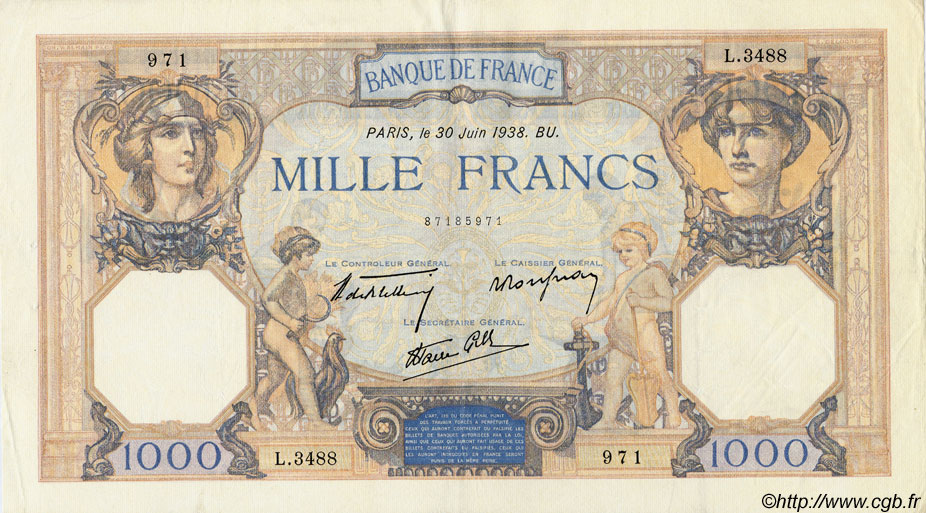 1000 Francs CÉRÈS ET MERCURE type modifié FRANCIA  1938 F.38.21 q.SPL