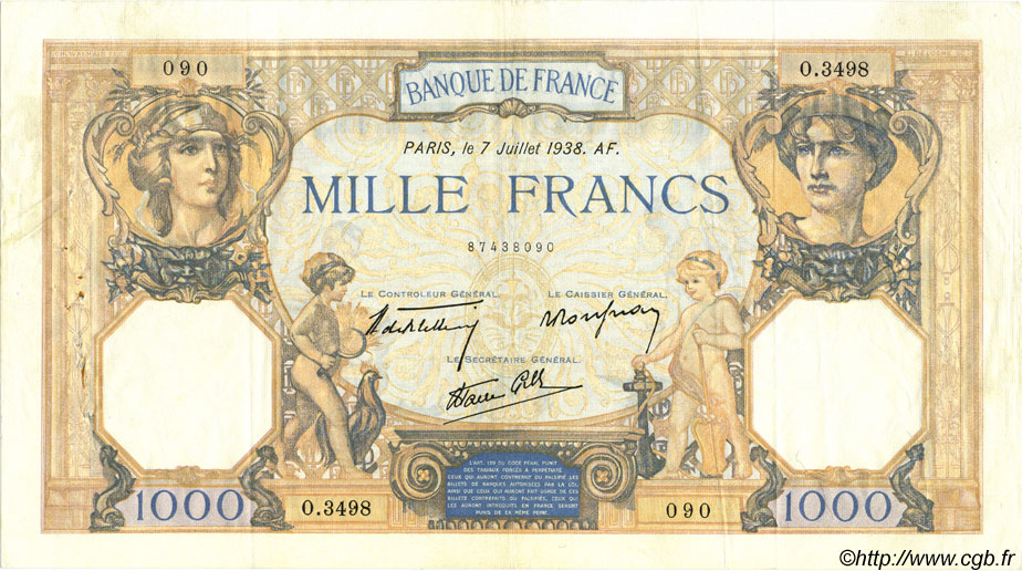 1000 Francs CÉRÈS ET MERCURE type modifié FRANCIA  1938 F.38.22 MBC+