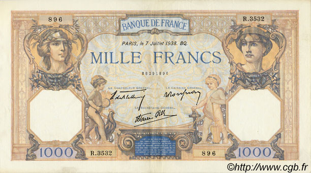 1000 Francs CÉRÈS ET MERCURE type modifié FRANCE  1938 F.38.22 XF-