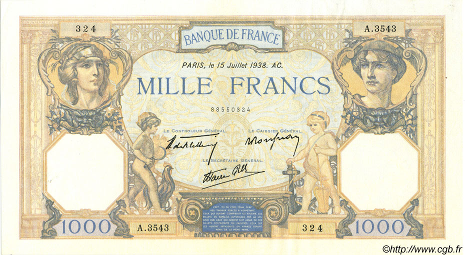 1000 Francs CÉRÈS ET MERCURE type modifié FRANCE  1938 F.38.23 XF+