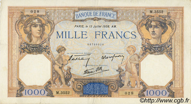 1000 Francs CÉRÈS ET MERCURE type modifié FRANCE  1938 F.38.23 VF