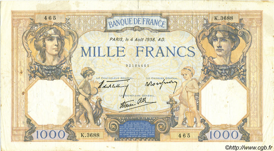 1000 Francs CÉRÈS ET MERCURE type modifié FRANCE  1938 F.38.26 F