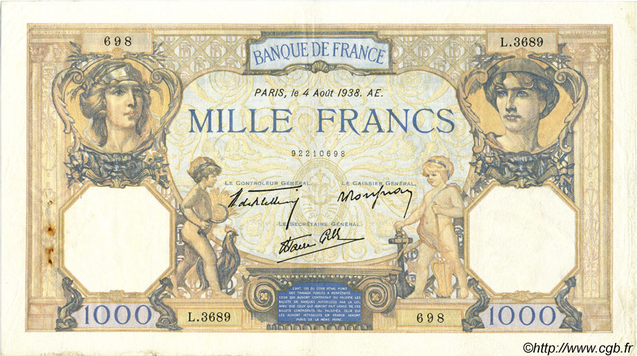 1000 Francs CÉRÈS ET MERCURE type modifié FRANCIA  1938 F.38.26 BC+