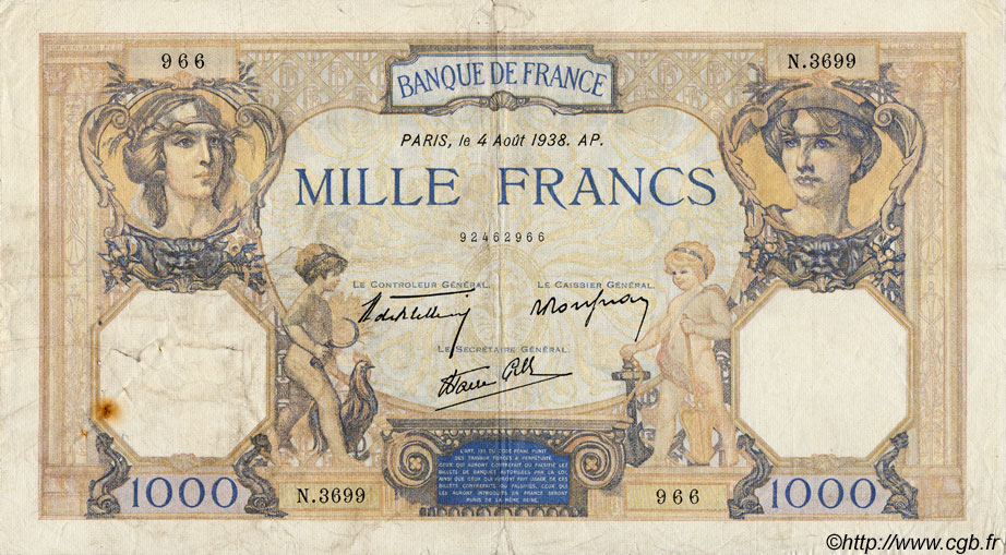 1000 Francs CÉRÈS ET MERCURE type modifié FRANCE  1938 F.38.26 VF-