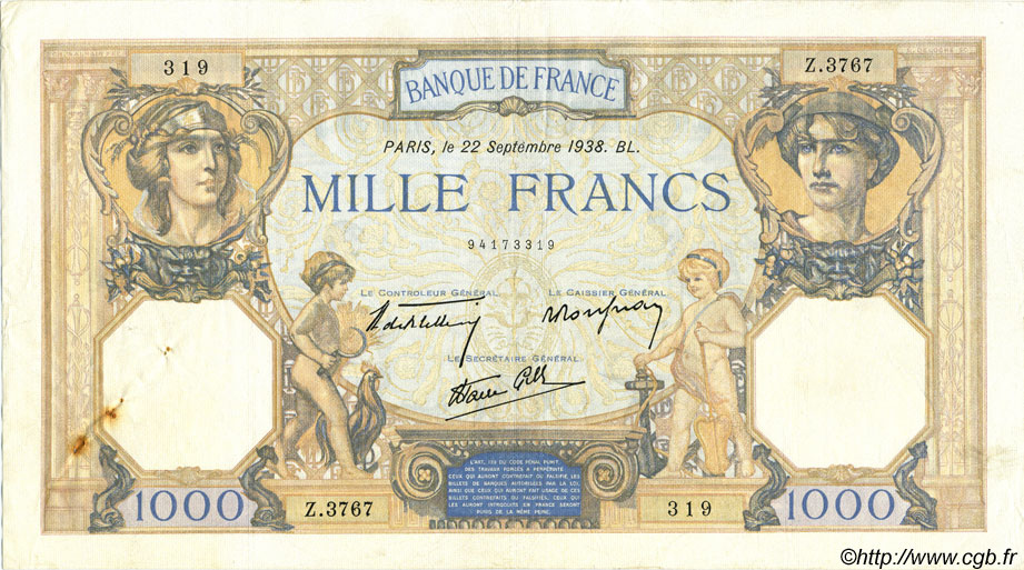 1000 Francs CÉRÈS ET MERCURE type modifié FRANCIA  1938 F.38.27 MBC
