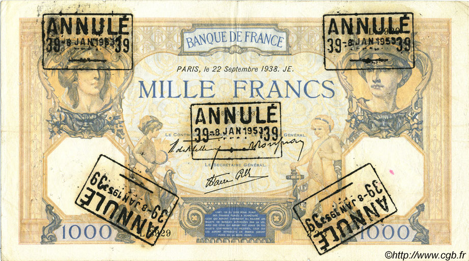 1000 Francs CÉRÈS ET MERCURE type modifié Annulé FRANCE  1938 F.38.27 TTB