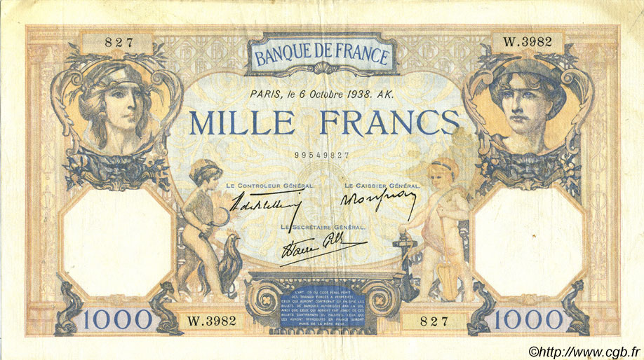 1000 Francs CÉRÈS ET MERCURE type modifié FRANCIA  1938 F.38.28 BB