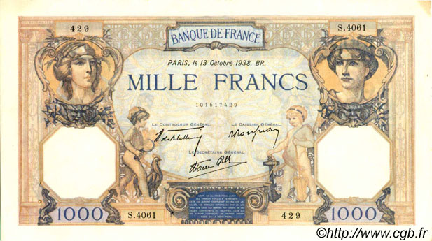 1000 Francs CÉRÈS ET MERCURE type modifié FRANCIA  1938 F.38.29 EBC