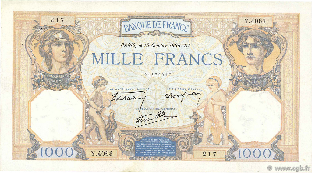1000 Francs CÉRÈS ET MERCURE type modifié FRANKREICH  1938 F.38.29 VZ