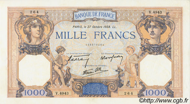 1000 Francs CÉRÈS ET MERCURE type modifié FRANCIA  1938 F.38.31 EBC