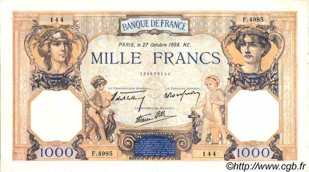 1000 Francs CÉRÈS ET MERCURE type modifié FRANCE  1938 F.38.31 XF-