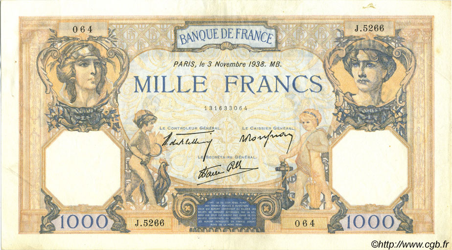 1000 Francs CÉRÈS ET MERCURE type modifié FRANCE  1938 F.38.32 XF