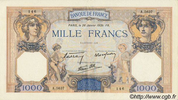 1000 Francs CÉRÈS ET MERCURE type modifié FRANKREICH  1939 F.38.33 VZ