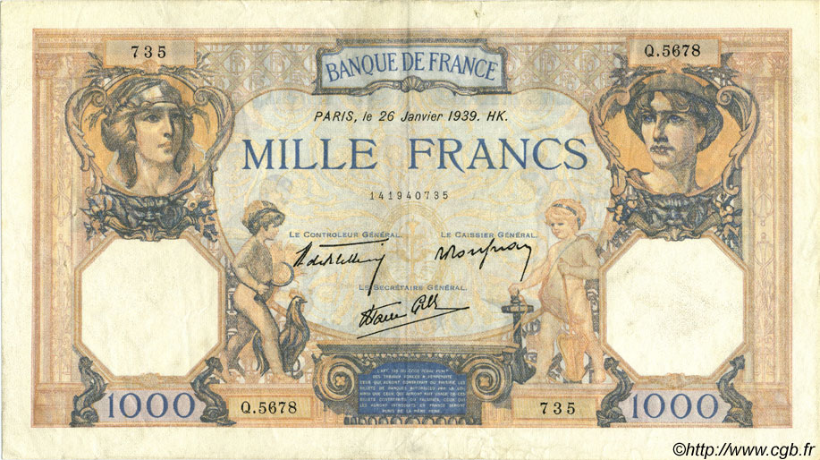 1000 Francs CÉRÈS ET MERCURE type modifié FRANCIA  1939 F.38.33 MBC a EBC