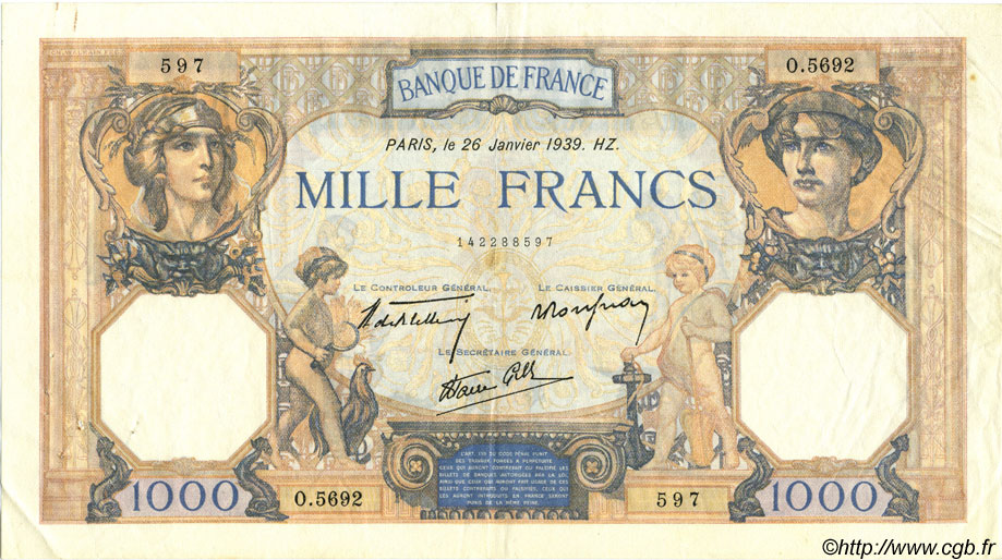 1000 Francs CÉRÈS ET MERCURE type modifié FRANCIA  1939 F.38.33 BB to SPL
