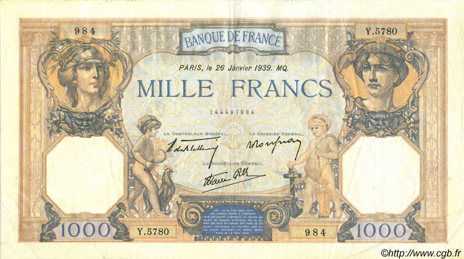 1000 Francs CÉRÈS ET MERCURE type modifié FRANCE  1939 F.38.33 VF - XF