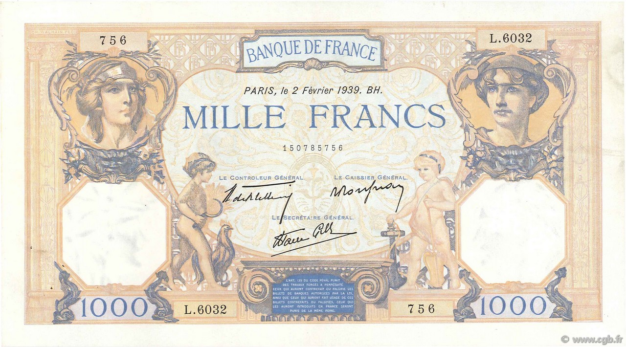 1000 Francs CÉRÈS ET MERCURE type modifié FRANKREICH  1939 F.38.34 VZ