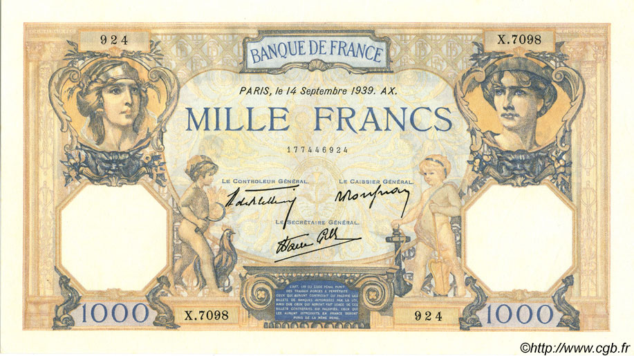 1000 Francs CÉRÈS ET MERCURE type modifié FRANCE  1939 F.38.36 UNC
