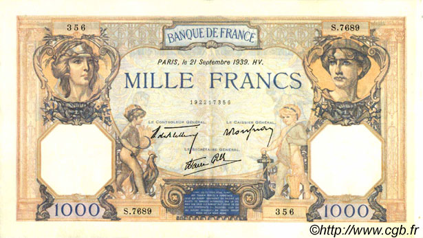 LOT 3 BILLETS 1000 Francs . Ceres/ Mercure- Déesse Demeter-Minerve/Hercule 
