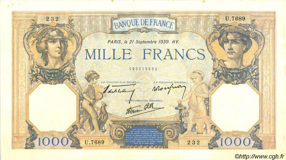 1000 Francs CÉRÈS ET MERCURE type modifié FRANCIA  1939 F.38.37 SC+