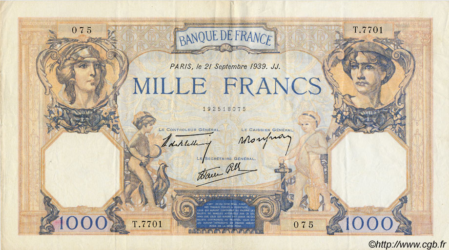 1000 Francs CÉRÈS ET MERCURE type modifié FRANKREICH  1939 F.38.37 SS