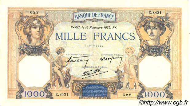 1000 Francs CÉRÈS ET MERCURE type modifié FRANKREICH  1939 F.38.39 VZ