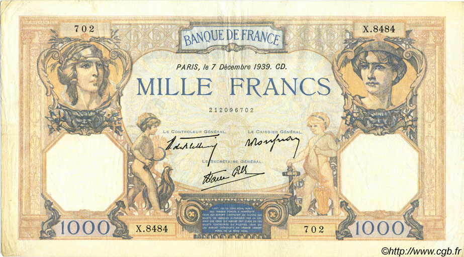 1000 Francs CÉRÈS ET MERCURE type modifié FRANCE  1939 F.38.40 VF-