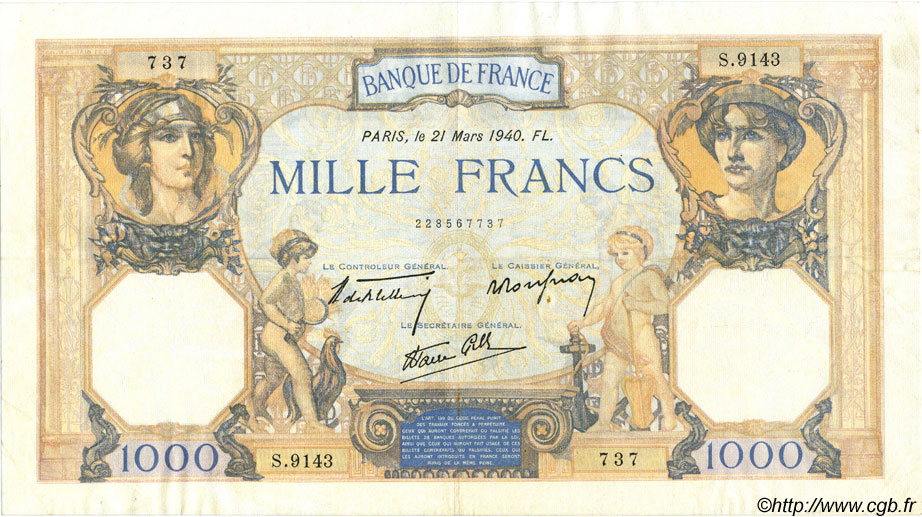 1000 Francs CÉRÈS ET MERCURE type modifié FRANCIA  1940 F.38.44 MBC