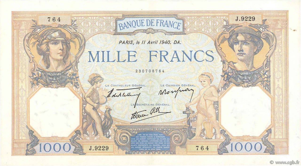1000 Francs CÉRÈS ET MERCURE type modifié FRANKREICH  1940 F.38.45 fST