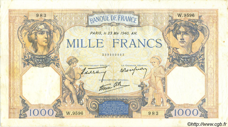 1000 Francs CÉRÈS ET MERCURE type modifié FRANCIA  1940 F.38.47 BB