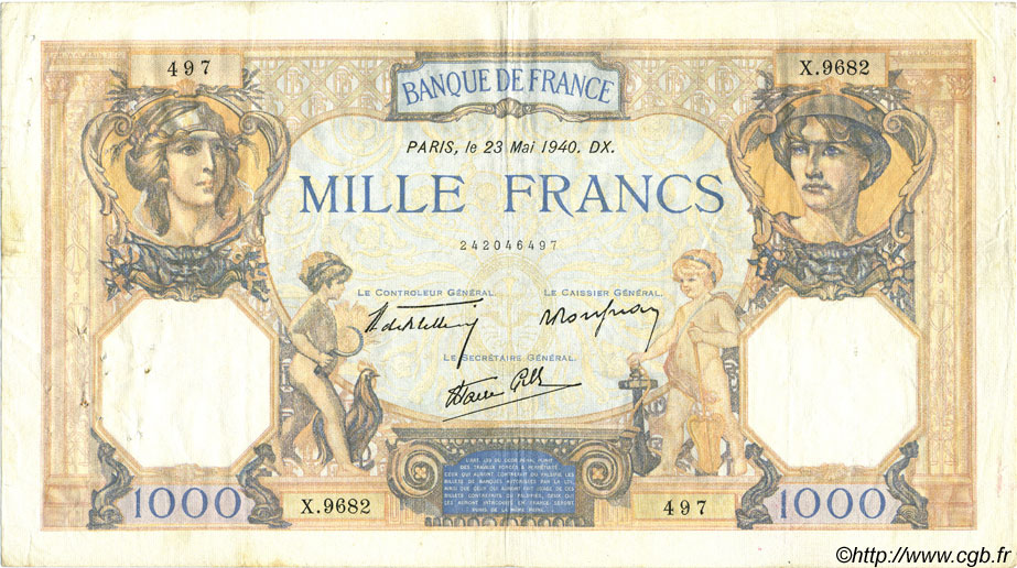 1000 Francs CÉRÈS ET MERCURE type modifié FRANCIA  1940 F.38.47 MBC