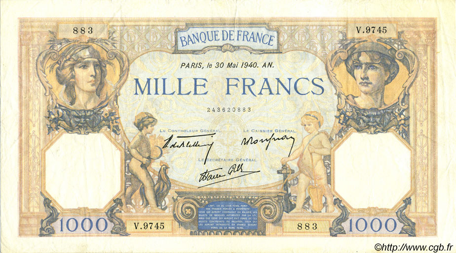 1000 Francs CÉRÈS ET MERCURE type modifié FRANCE  1940 F.38.48 VF+