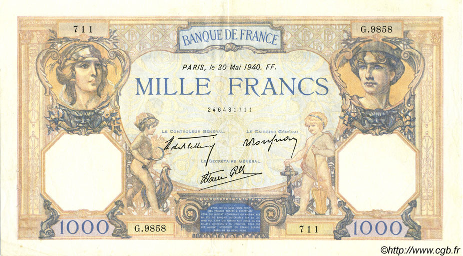 1000 Francs CÉRÈS ET MERCURE type modifié FRANCE  1940 F.38.48 XF