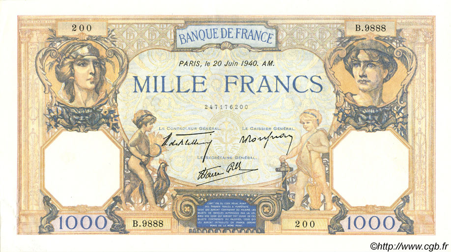 1000 Francs CÉRÈS ET MERCURE type modifié FRANCIA  1940 F.38.49 AU