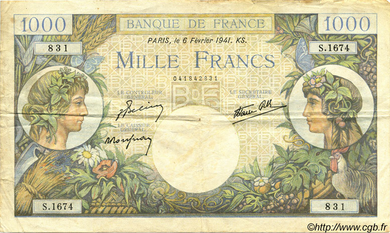 1000 Francs COMMERCE ET INDUSTRIE FRANCIA  1941 F.39.04 BC