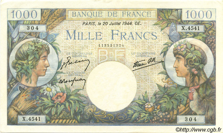 1000 Francs COMMERCE ET INDUSTRIE FRANCIA  1944 F.39.12 SC