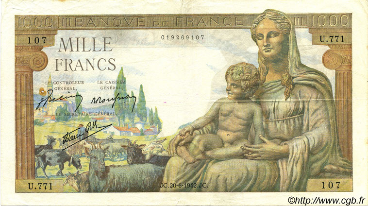 1000 Francs DÉESSE DÉMÉTER FRANCE  1942 F.40.03 F+