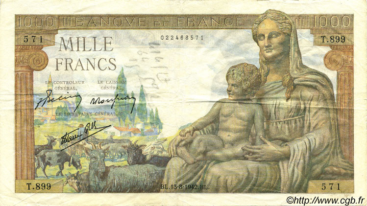 1000 Francs DÉESSE DÉMÉTER FRANCE  1942 F.40.04 VF-