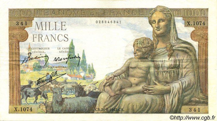 1000 Francs DÉESSE DÉMÉTER FRANKREICH  1942 F.40.05 fVZ