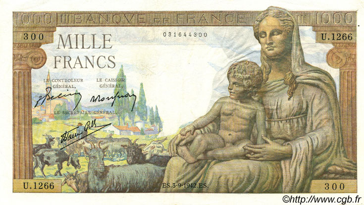 1000 Francs DÉESSE DÉMÉTER FRANKREICH  1942 F.40.06 VZ